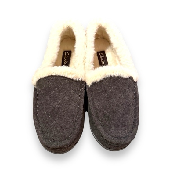 Clarks Tessa Sherling Lined Gray Quilted Suede Leather Slipper Loafers Sz 10 NEW - Picture 2 of 8